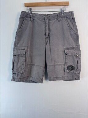 Harley Davidson Mens Gray Cargo Shorts Cotton Biker Y2K Moto Utility Size 34